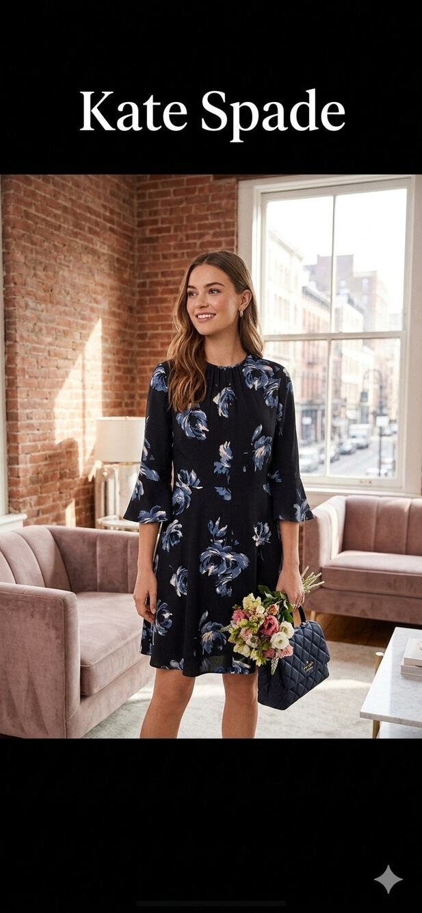 Kate Spade New York "Night Rose" Bell Sleeve Crepe Dress - Size 12